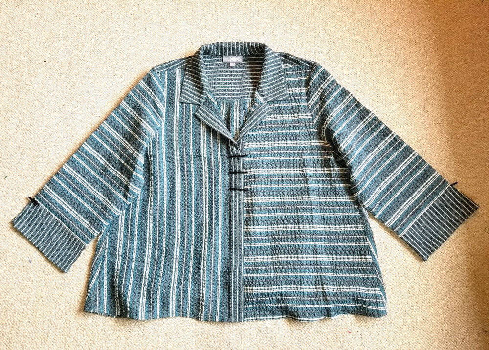 Womens Top-HABITAT-green/black/white striped rayon lagenlook button-up 3/4 slv-L